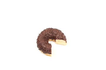 Bitten chocolate donut with sprinkles isolated on white background. Top view