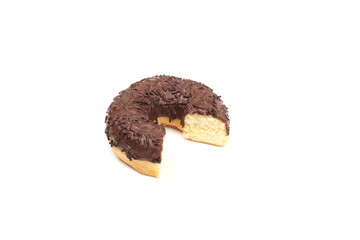 Bitten chocolate donut with sprinkles isolated on white background. Top view