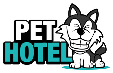 Cute big smile husky dog mascot with a big signboard, pet hotel vector illustration logo