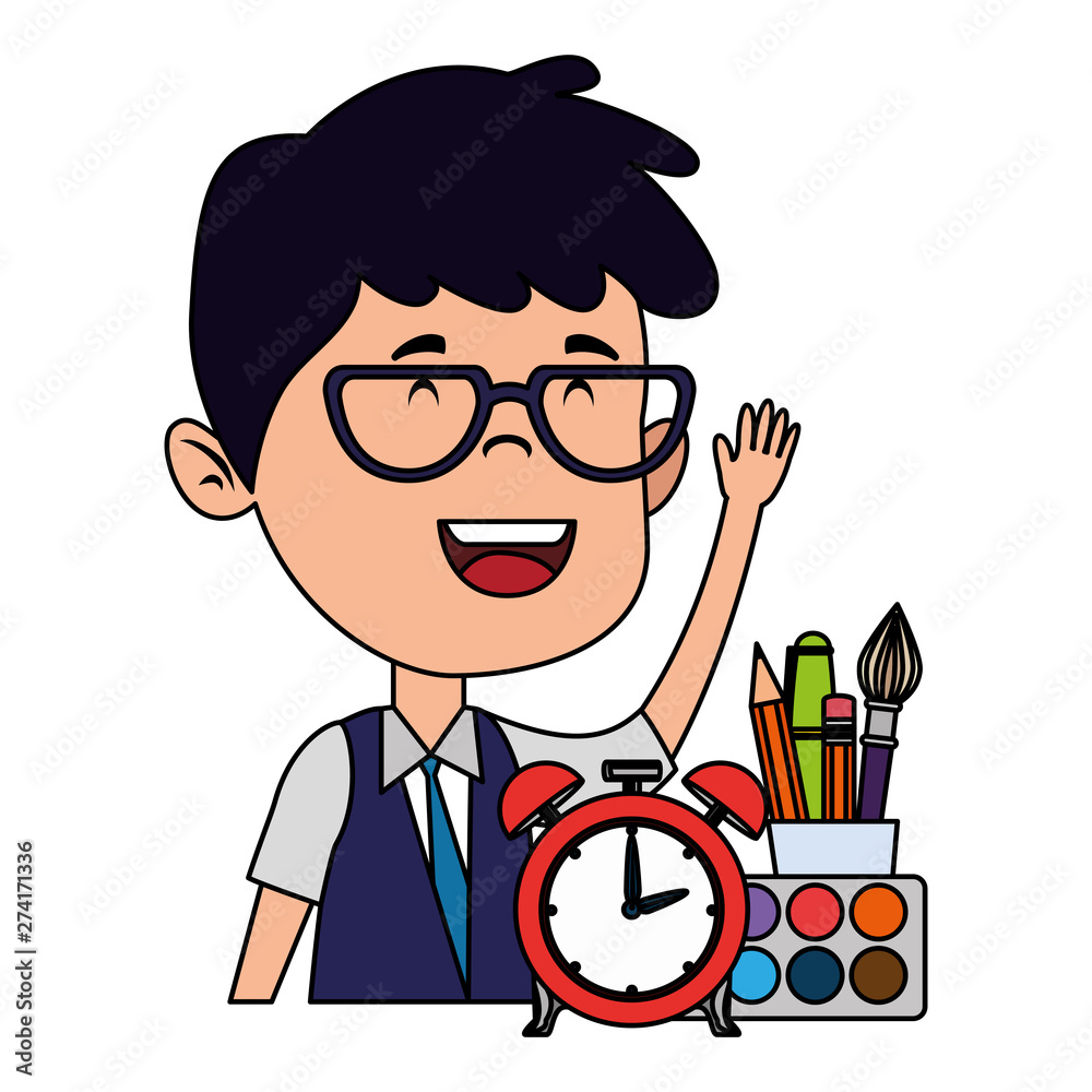 Poster happy student boy with alarm clock and supplies