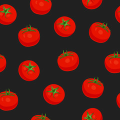 Tomato vegetables seamless pattern on black background,  Fresh whole tomatoes, vector illustration