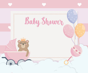 card of teddy bear and balloons with carriage