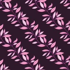 Fototapeta na wymiar Floral seamless pattern. Vector diagonal pink branches with leaves. Design for fabrics, wallpapers, textiles, web design.