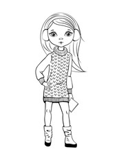 Coloring page outline of cartoon cute girl with headphones. Coloring book for kids. Vector illustration