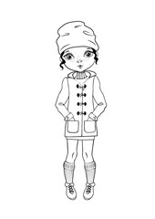 Coloring page outline of cartoon cute girl in coat and hat. Coloring book for kids. Vector illustration