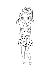 Coloring page outline of cartoon cute girl in dress. Coloring book for kids. Vector illustration