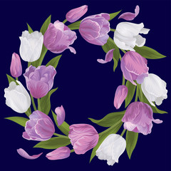 Wreath of blooming beautiful purple tulip with white flowers background template. Vector set of blooming floral for wedding invitations, greeting card, voucher, brochures and banners design.