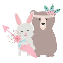 bear grizzly and rabbit with feathers hat and arrow