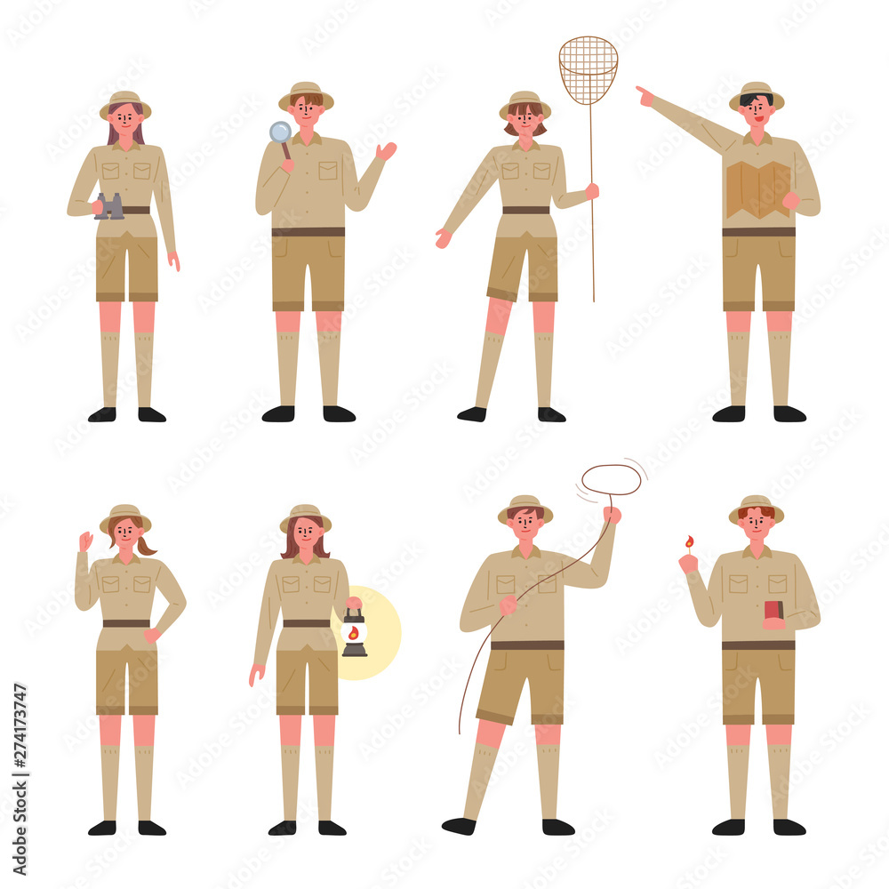 Wall mural an explorer character set standing with various equipment. flat design style minimal vector illustra