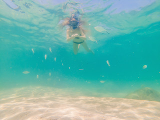 Happy woman in snorkeling mask dive underwater with tropical fishes in coral reef sea pool. Travel lifestyle, water sport outdoor adventure, swimming lessons on summer beach holiday