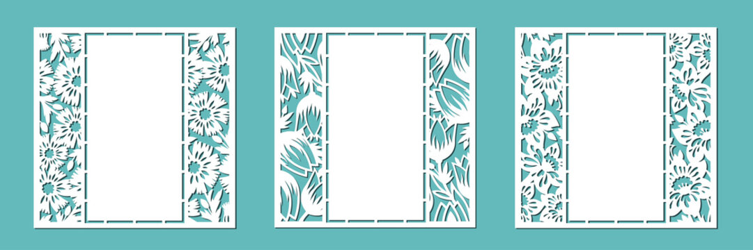 Tulip, cornflower, daffodil. A set of floral frames for cutting out of paper, laser or plotter. Vector