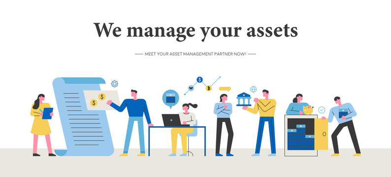 Asset Management Manager Character. Banner Concept. Flat Design Style Minimal Vector Illustration.