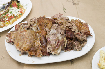 Dish with roast goat meat.  Specialty on island of Samothrace in Greece