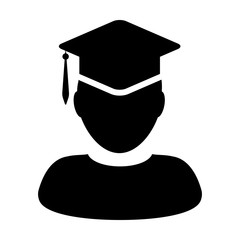 School icon vector male student person profile avatar with mortar board hat symbol for school, college and university graduation degree in flat color glyph pictogram illustration