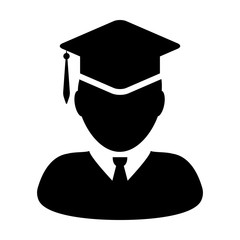 Diploma icon vector male student person profile avatar with mortar board hat symbol for school, college and university degree in flat color glyph pictogram illustration