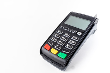 Pos terminal on a white background. Banking equipment. Acquiring. Acceptance of bank credit cards. Contactless payment. NFC