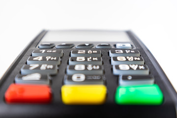 Obraz premium Pos terminal on a white background. Banking equipment. Acquiring. Acceptance of bank credit cards. Contactless payment. NFC