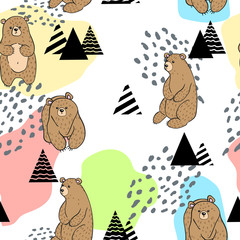 Vector seamless pattern with hand draw cartoons bears with tree, berry, flowers and absract shape and dots in skandinavian style. Childish background with cute bears in forest.