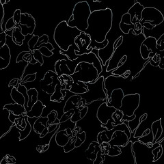 Seamless laconic graphic contour seamless pattern with orchid. Hand-painted pen, handmade. - 274176311