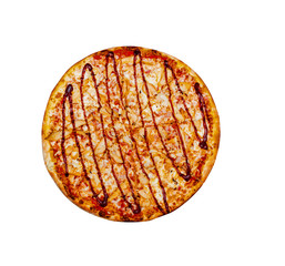 BBQ Chicken Pizza, top view. Cut into pieces. Isolated on white.