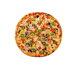 Pizza with hot pepper and mushrooms, top view. Cut into pieces. Isolated on white.
