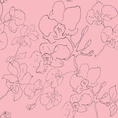 Seamless laconic graphic contour seamless pattern with orchid. Hand-painted pen, handmade. - 274176356
