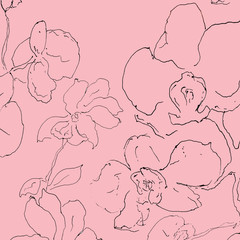 Seamless laconic graphic contour seamless pattern with orchid. Hand-painted pen, handmade.