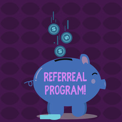 Conceptual hand writing showing Referral Program. Concept meaning internal recruitment method employed by organizations Piggy Bank Sideview and Dollar Coins Falling Down to Slit