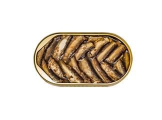 Open tin jar of canned golden smoked Baltic sprats in vegetable oil. Top view, White background, Isolated.