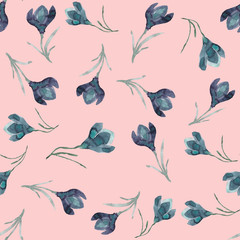 Seamless pattern with watercolor red crocuses on a white background. Hand painted paints, handmade.