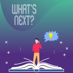 Writing note showing What S Next Question. Business concept for asking demonstrating about his coming action or behavior Man Standing Behind Open Book Jagged Speech Bubble with Bulb