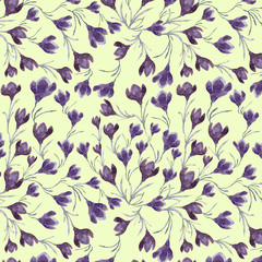 Seamless watercolor pattern with crocuses. Handwork, print for textiles and fabrics.