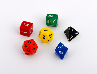 colorful multi sided dice isolated white background