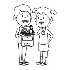 happy little students couple with schoolbag