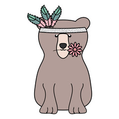 bear grizzly with feathers hat bohemian style