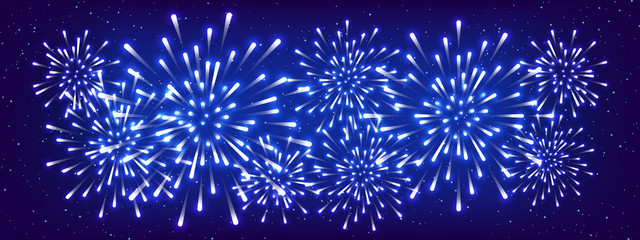 Shiny  fireworks on starry sky background - horizontal panoramic banner for Your holiday design