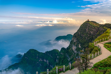 Peaks and seas of clouds under blue sky and white clouds, Emei Mountain, Sichuan Province, China