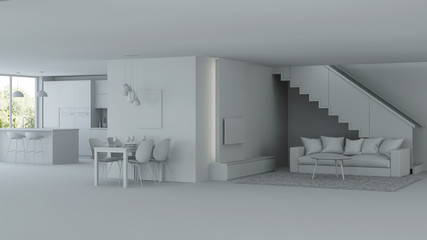 Modern house interior. Gray interior. 3D rendering.