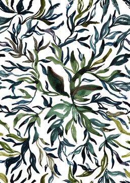 Abstract watercolor summer tropical background with colorful leaves on a white background. Hand painted paints, handmade. Old style.