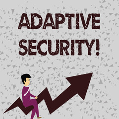 Word writing text Adaptive Security. Business photo showcasing analyzes behaviors and events to protect against threat Businessman with Eyeglasses Riding Crooked Color Arrow Pointing Going Up