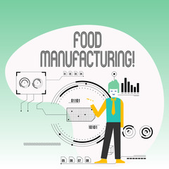 Text sign showing Food Manufacturing. Business photo text transformation of agricultural products into food Man Standing Holding Pen Pointing to Chart Diagram with SEO Process Icons