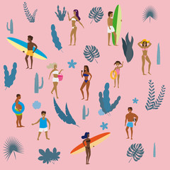 Set people at beach or seashore relaxing and performing summer outdoor activities at beach