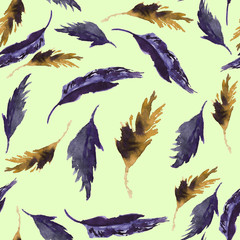Watercolor feathers seamless pattern. Hand painted texture with various multicolor bird feathers on white background.