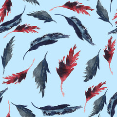 Watercolor feathers seamless pattern. Hand painted texture with various multicolor bird feathers on white background. - 274179771