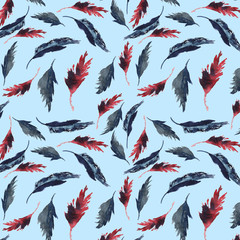 Watercolor feathers pattern. Hand painted texture with various multicolor bird feathers on white background. - 274179795