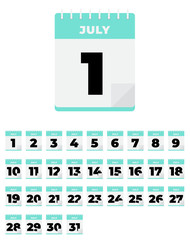 July. Vector flat daily calendar set. Icon