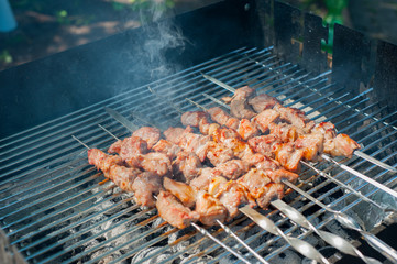 Grilled shashlik in the smoke. Cooking process