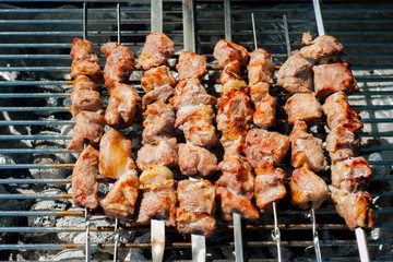Grilled shashlik in the smoke. Cooking process