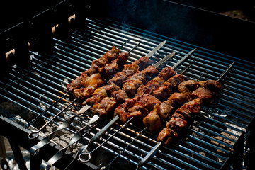 Grilled shashlik in the smoke. Cooking process