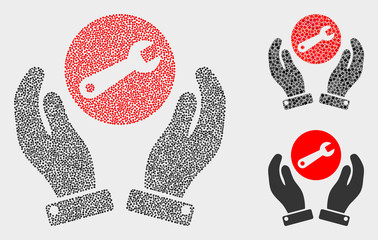 Dotted and mosaic wrench repair hands icons. Vector icon of wrench repair hands designed of scattered round dots. Other pictogram is created from square dots.